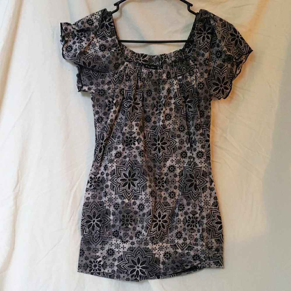 Black and Gray Snowflake Blouse, Square Neckline